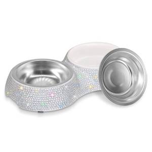 lot 2230 image: SAVORI Small Dog Bowls, Handmade Bling Rhinestones Stainless Steel Pet Bowls Double Food Water Feeder for Puppy Cats Dogs Cats (AB Color-320ml)