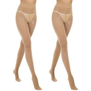 lot 2233 image: MANZI 2 Pairs Womens Shiny Sheer Tights High Waist Silk Comfort Stockings Oil Shimmery Nylons Pantyhose Natural S-M