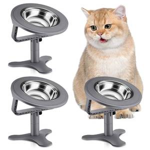 lot 2237 image: Raised Cat Bowls,Elevated Cat Bowls for Indoor Cats with Height-Adjustable Stand,Non-Slip Stainless Steel Bowl,15° Tilted Kitten Food Bowl(3-Pack, Grey)