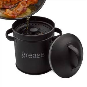 lot 2255 image: AuldHome Design Enamelware Grease Container wStrainer (Black), Farmhouse Style Kitchen StorageTin, Labeled ��Grease��