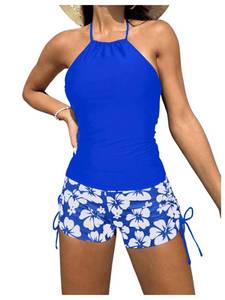 lot 2261 image: SOLY HUX Tankini Swimsuits for Women Halter Tops and Floral Print Shorts Bathing Suits Two Piece Swimsuit Royal Blue Floral Large