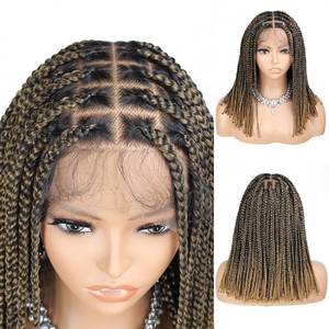 lot 2262 image: POUWENEY 13x8 HD Lace Front Short Braided Wigs for Black Women, 14 inch Box Braid Wig Short Ombre Brown Braided Wig