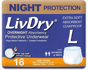 lot 5262 image: LivDry Adult Diapers Large Incontinence Underwear, Overnight, Leak Protection, 16-Pack