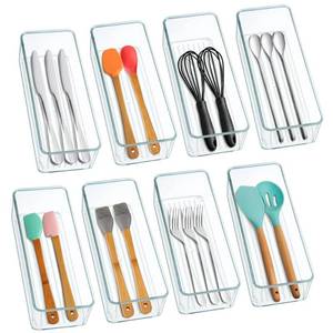 lot 5269 image: Hudgan 8 Pack Clear Plastic Drawer Organizer Bins Set, Stackable Cutlery Storage Bins Trays for Organizing Kitchen, Bathroom, Office, Crafts, Gadgets, Cabinet Supplies