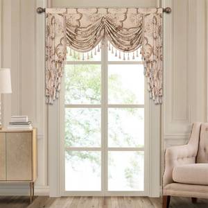 lot 5276 image: Loom and Mill Jacquard Waterfall Valance for Living Room, Vintage Floral Damask Swag Window Valances with Tassels, Light Khaki Swag Curtains for Bedroom Christmas Banquet Decoration(W59Inch,1 Panel)
