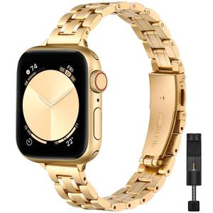 lot 6037 image: STIROLL Thin Replacement Band Compatible for Apple Watch 38mm 40mm 41mm 42mm 44mm 45mm 46mm 49mm, Stainless Steel Metal Wristband Women Men for iWatch Ultra SE Series 10987654321, Gold