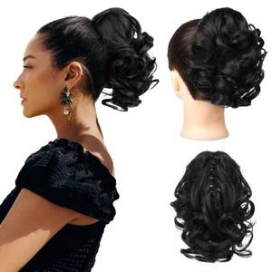 lot 6053 image: REECHO Ponytail Extension, 9 Short Curly Wavy Claw Clip Pony tails Hair Extensions HP001 Hairpieces for Women - Black