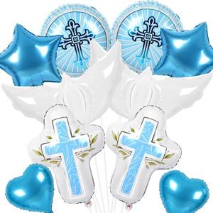 lot 6068 image: FEBSNOW 10Pcs First Communion Foil Balloons Decorations, Cross Dove Star Baptism Party Balloons for Boy First Communion Baptism Party God Bless Christening Memorial Theme Decorations Supplies (Blue)