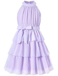 lot 6075 image: Move Dance Girls Halter Neck Dress Purple Summer Flared Midi A-Line Sundress Swiss Dot Sleeveless Casual Layered Chiffon Dresses with Belt 8-9 Years Old