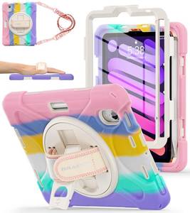 lot 6090 image: BRAECNstock Kids Case for Apple iPad mini 7 (A17 Pro) 2024 Mini 6 8.3 Shockproof Protective iPad mini 7th6th Gen Case with Screen Protector Pen Holder Rotating StandHand Strap, Colorful Pink