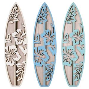 lot 6477 image: RattanView 3 Pieces Hibiscus Surfboard Decor for Bedroom Wooden Beach Wall Decor Summer Wood Surfboard Wall Hanging Sign for Tropical Living Room Decoration (Blue)