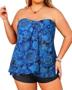 lot 6491 image: Daci Plus Size Bandeau Tankini Swimsuit for Women Two Piece Halter Swim Top with Shorts Flyaway Tummy Control Bathing Suits Blue Paisley 18 Plus Size 18W