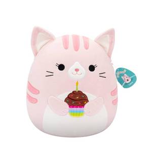 lot 9002 image: Squishmallows Original 14in Laura The Pink Tabby Cat Holding Birthday Cupcake �� Official Jazwares Plush (Large)