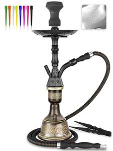 lot 9007 image: Hookah Set 23 Shisha Hookah Complete Set Egyptian With Glass Vase, Silk Hookah Hose, Black Clay Bowl, Coal Tong, Hookah Foil, Disposable Tips (Color-01)