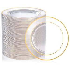 lot 9010 image: FOCUSLINE 100 Count Clear Gold Plastic Plates 7 Inch, Disposable Heavy Duty Clear Plates with Gold Rim, Premium Hard Plastic Plates Fancy Disposable Clear Salad Plates for Wedding Parties