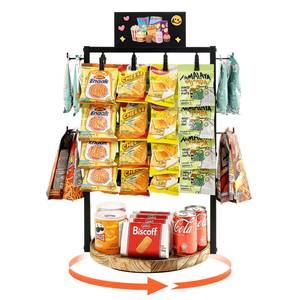 lot 9034 image: Poyilooo Chip Rack Display Stand, 4 Tier 32 Clip Clips Snack Bar Organizer with Tray, 360° Rotation Candy Display Rack for Party Kitchen Office, Retail Snack Display for Store Countertop