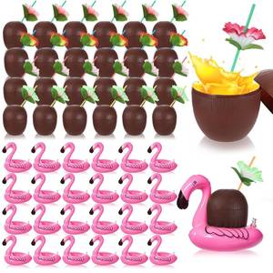 lot 9043 image: Hushee 24 Pack Fruit Cups with 24 Flower Straws and 24 Inflatable Floating Flamingo Drink Holders Plastic Fruit Cup Flamingo Coaster for Hawaiian Summer Beach Birthday Party Favor Supply (Coconut)