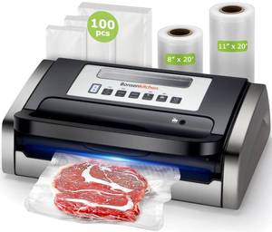 lot 9045 image: Bonsenkitchen Vacuum Sealer Machine, Powerful Low-Noise Food Vacuum Sealer for High-Speed Continuous Working, Handle Locked Design, Built-in Cutter, 2 Bag Rolls  100 PCS Vacuum Bags