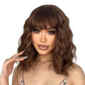 lot 10246 image: LINGHANG Brown Wig with Bangs for Women Short Natural Wavy Light Brown Wigs for Women Synthetic Brown Curly Bob Wig for Daily Use