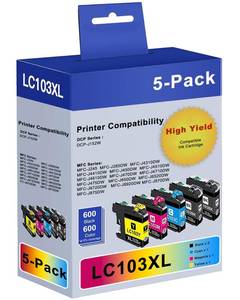 lot 10270 image: LC103 LC103XL High Yield Ink Cartridges Replacement for Brother LC103XL LC101 Work with MFC-J870DW MFC-J6920DW MFC-J6520DW MFC-J450DW MFC-J470DW (2 Black, 1 Cyan, 1 Magenta, 1 Yellow, 5 XL Pack)
