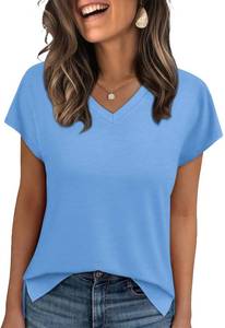 lot 10304 image: WIHOLL Womens Summer Basic Tops Business Casual Loose Fit V Neck T Shirts Cap Sleeve Oversized Summer Cute Outfits Dressy Soft Clothes Trendy 2025 Fashion Tee Blouses Light Blue XL