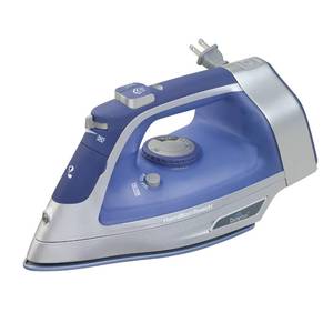 lot 15990 image: Hamilton Beach Steam Iron & Vertical Steamer for Clothes with Scratch-Resistant Durathon Soleplate, 8 Retractable Cord, 3-Way Auto Shutoff, Anti-Drip, 1500 Watts, Blue