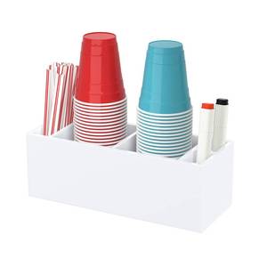 lot 15994 image: BOSSCASA Double Cup Holder with Marker Slot, Party Cup Dispenser Acrylic Cup Organizer Mark Your Cup and Drink Up Caddy Modern Bar Counter Decor, White