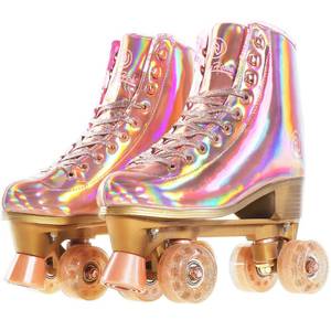 lot 15996 image: JajaHoho Roller Skates for Women, Holographic High Top PU Leather Rollerskates, Shiny Double-Row Four Pink Glitter Wheels Quad Skates for Girls and Age 8-50 Indoor Outdoor (Size 9, Rose Gold)