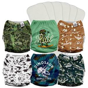lot 16002 image: Mama Koala 3.0 Pocket Cloth Diapers for Babies with AWJ Lining, 6 Pack with 6 5-Layer Natural Cloth Diaper Inserts - Reusable and Washable Pocket Diapers(A-Its Dinosaurs)