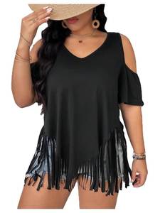 lot 16003 image: RoseSeek Womens Plus Size Fringe Hem V Neck Tops Short Sleeve Cold Shoulder T Shirts Top Black 0XL