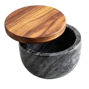 lot 16017 image: jalz jalz Salt Box Salt cellar with spoon Black Marble Base Natural Acacia Top Decorative Boxes Spice Seasonings Keeper Salt Container Elegant Design Salt Cellar Spice Cellar