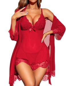 lot 16018 image: RSLOVE Women Sexy Lingerie Set 3 Piece Babydoll & Lace Kimono Robe Strap Chemise Mesh Sleepwear Red L