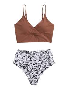 lot 16021 image: SweatyRocks Womens Two Pieces Swimsuit Solid Color Tie Side Top High Waisted Bikini Set Dusty Pink XL