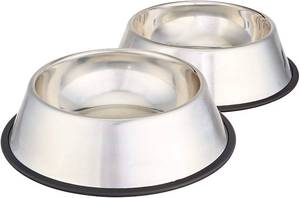 lot 16029 image: Amazon Basics Stainless Steel Non-Skid Pet Dog Water And Food Bowl, 2-Pack (10 x 2.8 Inches), Each Holds Up to 4 Cups