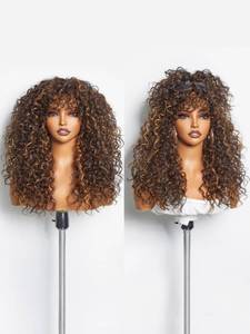 lot 16045 image: GORGIUS Highlight Brown Curly Wig with Bangs Glueless Synthetic Bang Wigs with Realistic Scalp Put On ang Go Beginner Friendly 20 Inch