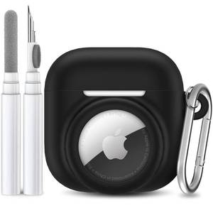 lot 16049 image: LDSXAY 2 in 1 Silicone Case Compatible with AirPod 4 and AirTag, Shockproof Protective Skin Cover for AirPods 4th Generation with Cleaner Kit & Carabiner (Black)