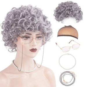lot 16054 image: WeKen Old Lady Wig Set, Old Lady Costume for Women Girls, Grandma Costume Silver Grey WigGranny GlassesEyeglass Retainer ChainPearl NecklaceWig Cap (5 Piece) for Halloween Cosplay Dress Up Party