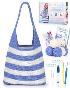 lot 16056 image: Katech Crochet Kit for Beginners - Striped Tote Bag Set Includes Yarn, Hooks, Step-by-Step Guide, Needles & Accessories - Adults & Kids Crochet Starter Gift