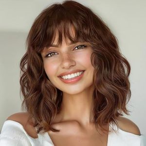 lot 16469 image: AISI HAIR Synthetic Wavy Curly Bob Wig with Bangs Brown Highlight Short Hair for Women Synthetic Heat Resistant Bob Wigs