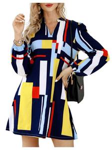 lot 16478 image: Floerns Womens 70s Disco Lantern Long Sleeve Geometric Fall Shift Dress 60s Outfits A Multi S