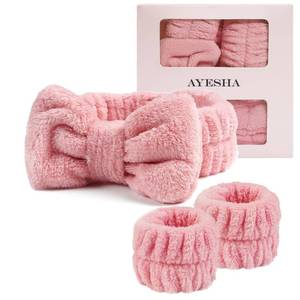 lot 16491 image: Ayesha Spa Headband and Wristband Set for Skincare Washing Face,Makeup Headband Wrist Cuffs for Preppy Skincare Women Girl (Pink set)