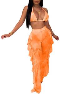 lot 16493 image: Women 2 Piece Outfits Bikini Swimsuit - Sexy See Through Mesh Crop Top Ruffle Long Pant Jumpsuits Beach Cover Up Orange
