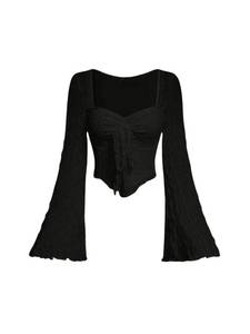 lot 16494 image: SOLY HUX Womens Long Bell Sleeve Tops Mesh Sweetheart Neck Going Out Crop Top Casual Asymmetrical T Shirts Tees Pure Black M