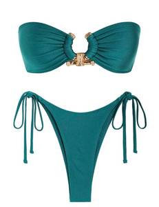 lot 16495 image: ZAFUL Metallic Cutout Bandeau Bikini Set High Leg Bikini Sets Glitter Swimsuit Cute Bathing Suits Green S