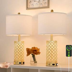 lot 17074 image: SAIWEYA 24 Modern Crystal Table Lamp Set of 2-Gold Bedroom Lamps 3-Way Dimmable Touch Lamp with Night Light, 2 USB Ports  AC Outlet Bedside Night Stand Lamp for Living Room Office (Gold-2 Pack)