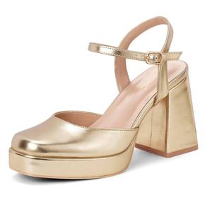 lot 17078 image: GENSHUO Platform Chunky Heels for Women Block Heel Sandals- 4 inches Closed Square Toe Ankle Strap Buckle Wedding Party Prom Dress Pump Shoes Gold Size 7