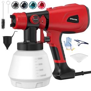 lot 17080 image: Paint Sprayer 1000W High Power Electric Spray Paint Gun with Adjustable Spray Width Knob 4 Nozzles and 3 Patterns Easy to Clean for Furniture Home Interior House Painting Red