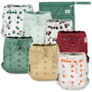 lot 18240 image: Noras Nursery Cloth Diaper Cover, Reusable Cover with Snap Closure for Flat or Fitted Inserts - 7-Pack with Wet Bag - On The Farm