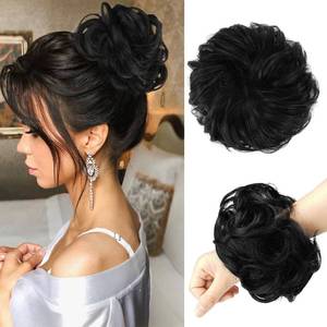 lot 18244 image: FESHFEN Messy Bun Hair Piece - Large Wavy Curly Elastic Hair Bun Scrunchies Ponytail Extensions Synthetic Chignon Hairpieces for Women, Off Black 1.94oz