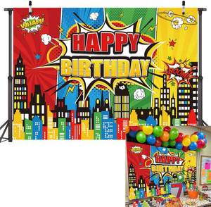 lot 18247 image: PGSWEER Superhero Cityscape Backdrop 7x5ft American Comics Building Photography Background Boys Kids Bday Birthday Party Studio Shoot Props